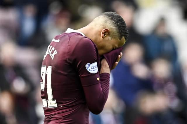 Hearts' Toby Sibbick looks dejected after the concession of the second goal against Celtic at Tynecastle.