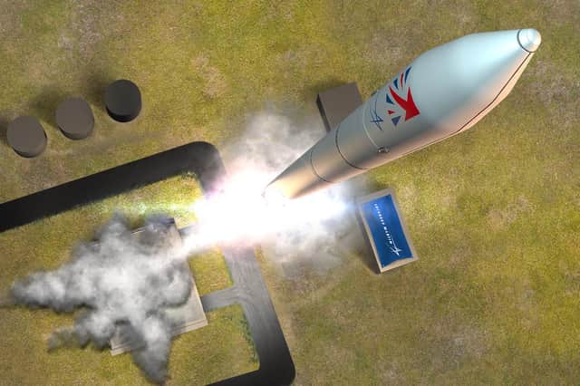 An artist's impression of the satellite launch vehicle leaving Shetland Space Centre