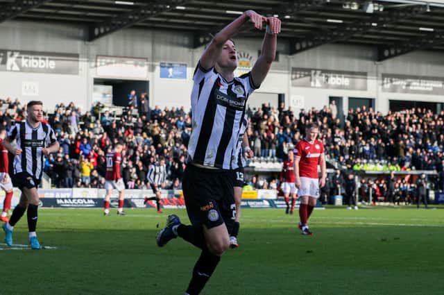 St Mirren's Alex Greive celebrates making it 1-0 over Kelty Hearts at SMiSA Stadium. (Photo by Alan Harvey / SNS Group)