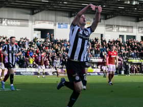 St Mirren's Alex Greive celebrates making it 1-0 over Kelty Hearts at SMiSA Stadium.  (Photo by Alan Harvey / SNS Group)