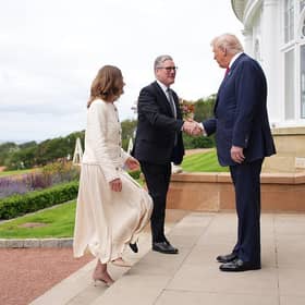 US President Donald Trump greets Prime Minister Keir Starmer and his wife Victoria at Trump Turnberry golf club yesterday (Picture: Andrew Harnik/Getty Images)