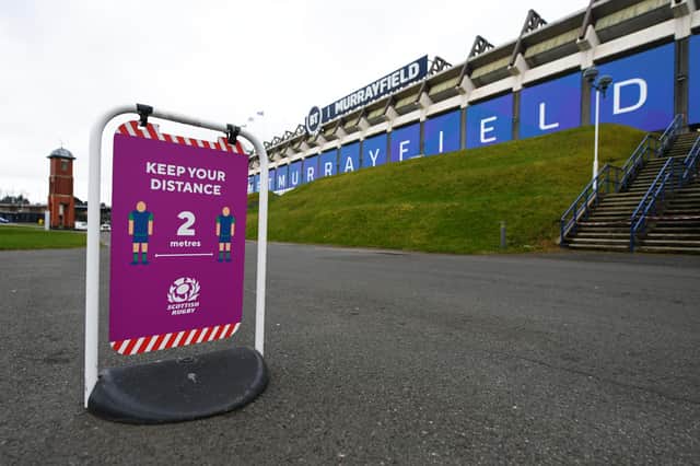 A Covid-19 safety sign signage of BT Murrayfield, the home of Scottish Rugby. Picture: SNS