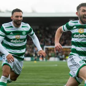 Celtic's Greg Taylor (right) celebrates his goal in the 3-0 win at Livingston. (Photo by Craig Foy / SNS Group)