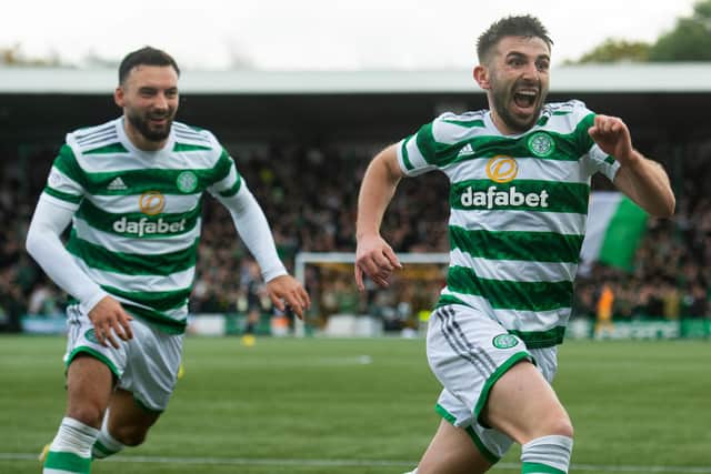 Celtic's Greg Taylor (right) celebrates his goal in the 3-0 win at Livingston. (Photo by Craig Foy / SNS Group)