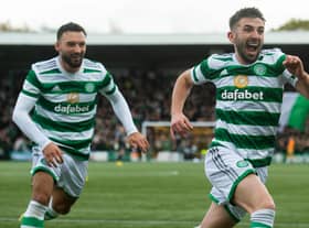 Celtic's Greg Taylor (right) celebrates his goal in the 3-0 win at Livingston. (Photo by Craig Foy / SNS Group)