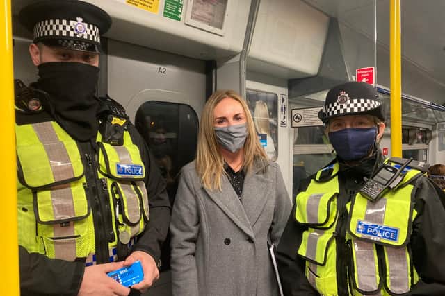 Detective Chief Inspector Arlene Wilson accompanied by two British Transport Police officers on patrol to tackle sexual harassment on trains in Glasgow (Photo: Hannah Brown).