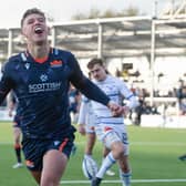 Edinburgh's Charlie Savala celebrates scoring his second half try against Castres Olympique. (Photo by Mark Scates / SNS Group)