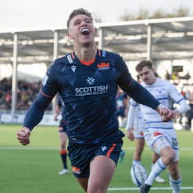Edinburgh's Charlie Savala celebrates scoring his second half try against Castres Olympique. (Photo by Mark Scates / SNS Group)