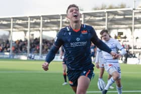 Edinburgh's Charlie Savala celebrates scoring his second half try against Castres Olympique. (Photo by Mark Scates / SNS Group)