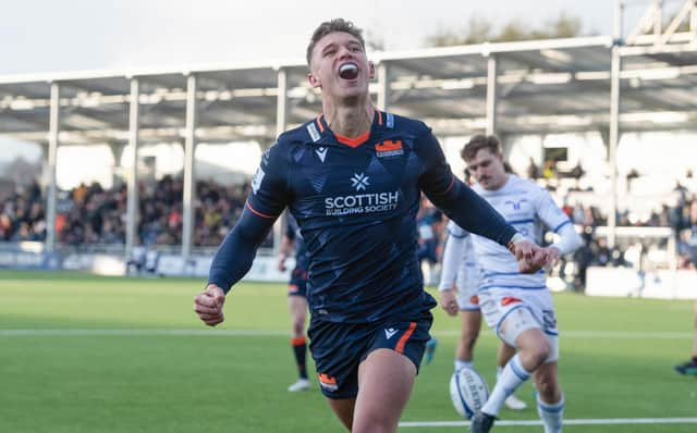 Edinburgh's Charlie Savala celebrates scoring his second half try against Castres Olympique. (Photo by Mark Scates / SNS Group)