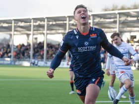 Edinburgh's Charlie Savala celebrates scoring his second half try against Castres Olympique. (Photo by Mark Scates / SNS Group)