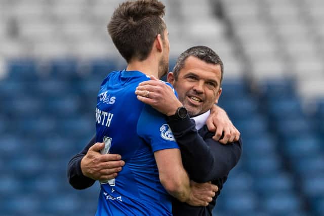 St Johnstone manager Callum Davidson celebrates with  Callum Booth following the club's Scottish Cup semi-final win over St Mirren. (Photo by Alan Harvey / SNS Group)