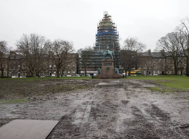 Charlotte Square Garden was still in a muddy mess in February after the staging of the 2019 book festival. Picture: Neil Hanna