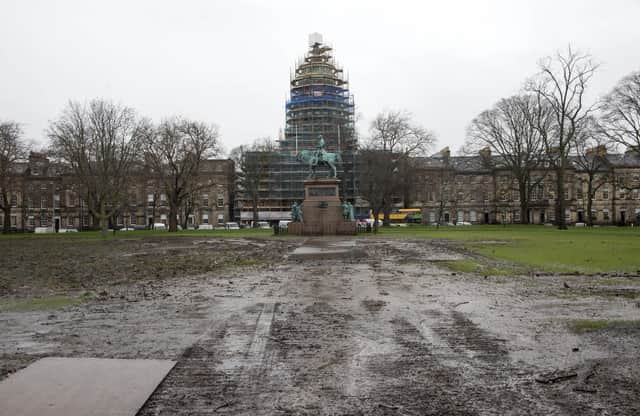Charlotte Square Garden was still in a muddy mess in February after the staging of the 2019 book festival. Picture: Neil Hanna
