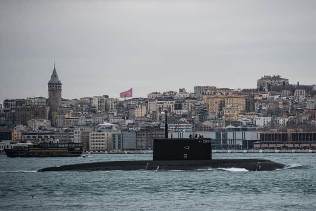 The Russian Navy's Kilo-class submarine Rostov-na-Donu B-237 transits the Bosphorus Strait en route to the Black Sea. Russia has been reinforcing its Black Sea Fleet over the past week as a Russian military invasion of Ukraine is being reported as imminent. Picture: Burak Kara/Getty Images