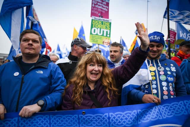 Comedian Janey Godley takes part in the All Under One Banner march in support of Scottish independence in 2019 (Picture: Jeff J Mitchell/Getty Images)