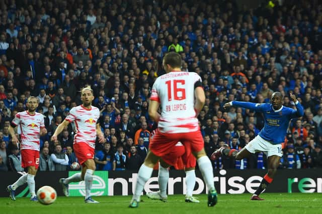 Glen Kamara displays poise and awareness to guide home Rangers' second goal in their 3-1 win over RB Leipzig in the second leg of the Europa League semi-final at Ibrox. (Photo by ANDY BUCHANAN/AFP via Getty Images)