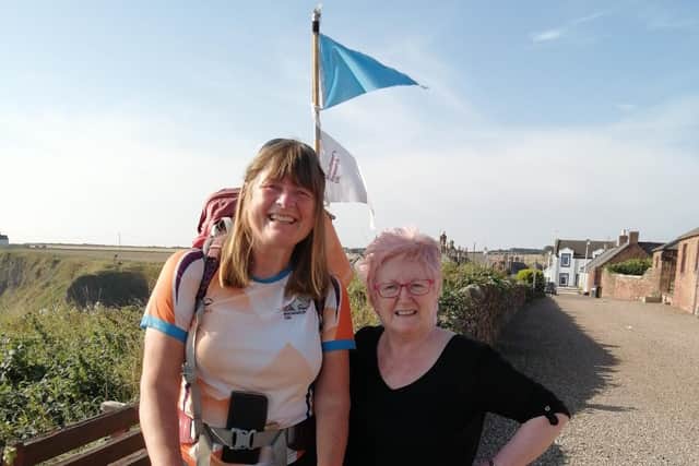 Karen with Violet Thomsson, who welcomed the charity hiker into her home in Auchmithie.