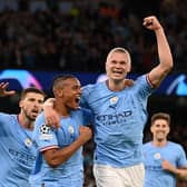 Manuel Akanji celebrates with Erling Haaland after an own goal by Eder Militao of Real Madrid (not pictured) put Manchester City 3-0 up. (Photo by Michael Regan/Getty Images)