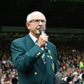 Former Celtic chairman Fergus McCann addresses the fans ahead of unfurling the league flag in August 2014.