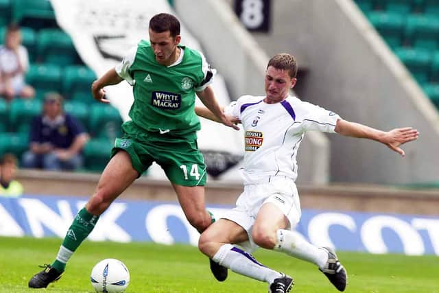 In typically flamboyant action against Kilmarnock in his debut season at Easter Road.