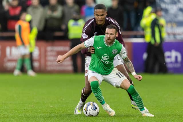 Hibernian's Martin Boyle is closely marked by Hearts' Toby Sibbick during the 2-2 draw at Tynecastle in October. (Photo by Mark Scates / SNS Group)