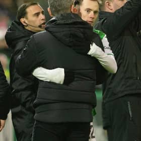 EDINBURGH, SCOTLAND - JANUARY 02: Hibernian manager Nick Montgomery and Harry McKirdy during a cinch Premiership match between Hibernian and Motherwell at Easter Road, on January 02, 2024, in Edinburgh, Scotland. (Photo by Mark Scates / SNS Group)