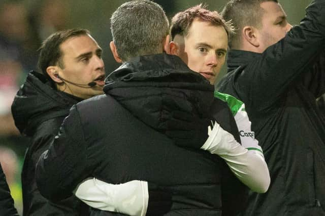 EDINBURGH, SCOTLAND - JANUARY 02: Hibernian manager Nick Montgomery and Harry McKirdy during a cinch Premiership match between Hibernian and Motherwell at Easter Road, on January 02, 2024, in Edinburgh, Scotland. (Photo by Mark Scates / SNS Group)