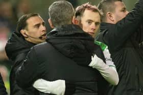 EDINBURGH, SCOTLAND - JANUARY 02: Hibernian manager Nick Montgomery and Harry McKirdy during a cinch Premiership match between Hibernian and Motherwell at Easter Road, on January 02, 2024, in Edinburgh, Scotland. (Photo by Mark Scates / SNS Group)