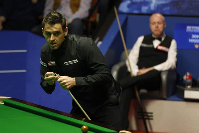 Ronnie O'Sullivan during his semi-final win on day fifteen of the Betfred World Snooker Championship at The Crucible, Sheffield. Richard Sellers/PA Wire.