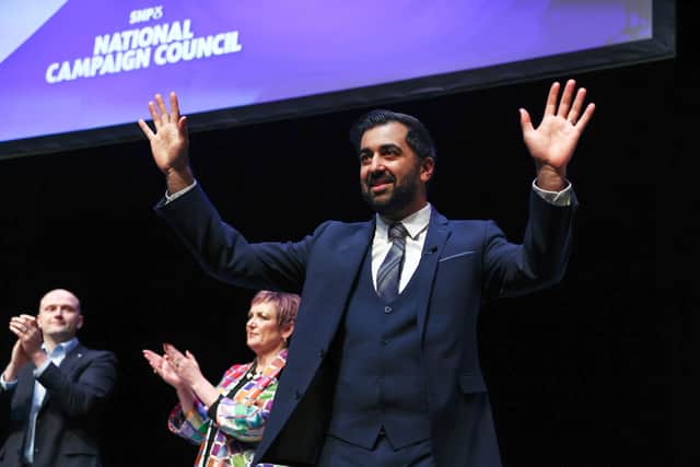 First Minister Humza Yousaf acknowledges applause after speaking at the SNP campaign council in Perth. Picture: Jeff J Mitchell/Getty Images
