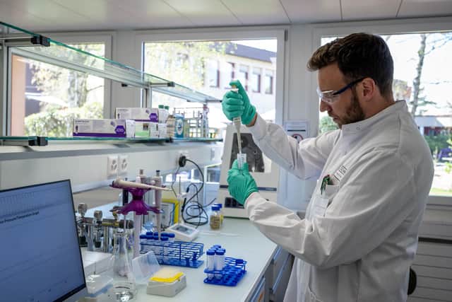 An employee works at a animal science laboratory during the inauguration of the Institute of agricultural sciences of Swiss giant food Nestle in Vers-chez-les-Blanc near Lausanne on May 3, 2023. The new institute will focus on the areas of plant science, dairy livestock and agricultural systems science. (Photo by Fabrice COFFRINI / AFP) (Photo by FABRICE COFFRINI/AFP via Getty Images)