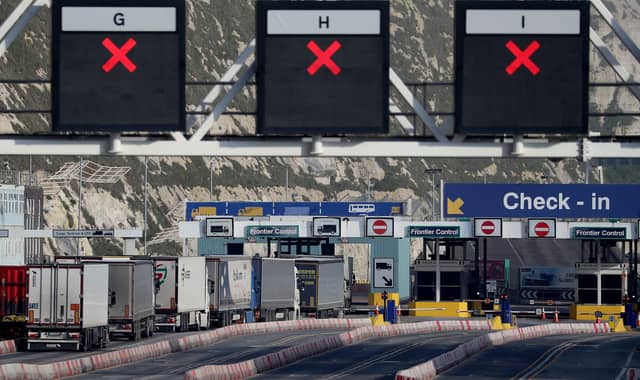 Lorries arrive at the Port of Dover in Kent one week on from the introduction of post-Brexit regulations.