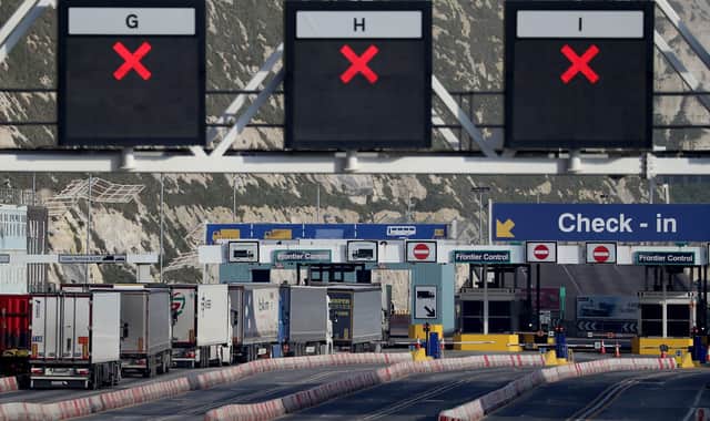 Lorries arrive at the Port of Dover in Kent one week on from the introduction of post-Brexit regulations.
