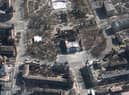 This satellite image provided by Maxar Technologies on Saturday, March 19, 2022 shows the aftermath of the airstrike on the Mariupol Drama theatre, Ukraine,
