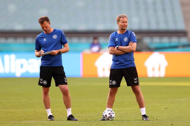 Denmark manager Kasper Hjulmand looks on next to Morten Wieghorst, his assistant, at a training session before the Euro 2020 quarter-final win over Czech Republic on Saturday (Photo by Naomi Baker/Getty Images)