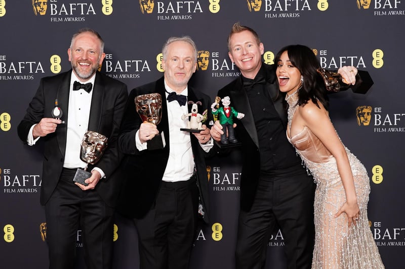Camila Cabello presents Nick Park, Merlin Crossingham and Richard Beek with the Best Children's & Family Film award for Wallace & Gromit: Vengeance Most Fowl
