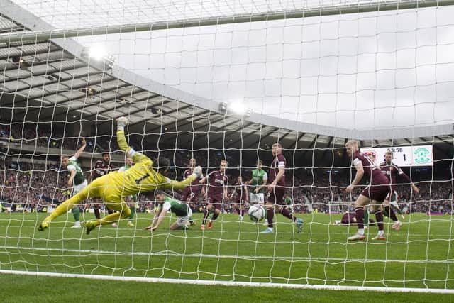 Craig Gordon turns Ryan Porteous' header on to the post during the Scottish Cup semi-final win over Hibs at Hampden. (Photo by Craig Williamson / SNS Group)