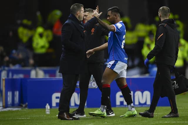 Rangers manager Michael Beale with striker Alfredo Morelos, who went off injured during the 3-0 win over Motherwell. (Photo by Rob Casey / SNS Group)