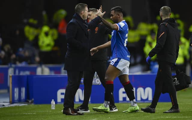 Rangers manager Michael Beale with striker Alfredo Morelos, who went off injured during the 3-0 win over Motherwell. (Photo by Rob Casey / SNS Group)