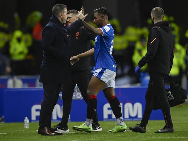 Rangers manager Michael Beale with striker Alfredo Morelos, who went off injured during the 3-0 win over Motherwell. (Photo by Rob Casey / SNS Group)