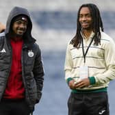 Aberdeen's Luis 'Duk' Lopes and Hibs' Jair Tavares chat before last month's Viaplay Cup semi-final.