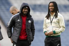 Aberdeen's Luis 'Duk' Lopes and Hibs' Jair Tavares chat before last month's Viaplay Cup semi-final.