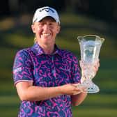 Gemma Dryburgh shows off the trophy after winning the TOTO Japan Classic by four shots. Picture: Yoshimasa Nakano/Getty Images.