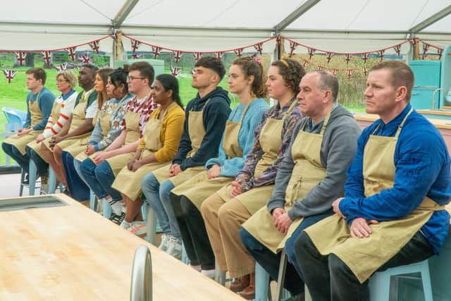 The bakers waiting for feedback on their technical challenge chocolate cakes during Week One. Image: Channel 4/Love Productions/Mark Bourdillon