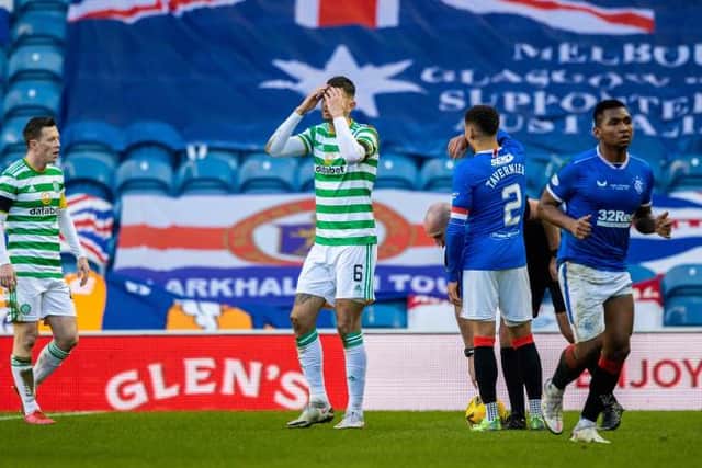 Despair for Celtic defender Nir Bitton after he is shown a red card for his foul on Alfredo Morelos at Ibrox. (Photo by Craig Williamson / SNS Group)