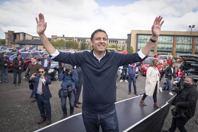 Scottish Labour leader Anas Sarwar on stage at a drive-in rally in Glasgow during campaigning for the Scottish Parliamentary election.