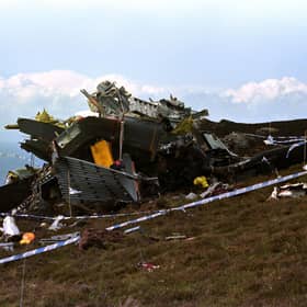 The wreckage of the RAF Chinook helicopter, which crashed on the Mull of Kintyre on June 2, 1994 killing all 29 on board. Picture: Chris Bacon/PA Wire