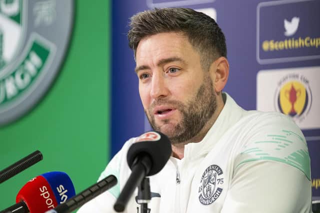 Hibs manager Lee Johnson speaks to the press ahead of facing Hearts on Sunday.