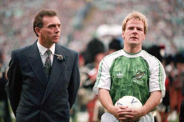 Hibs manager Alex Miller (left) with his captain Murdo MacLeod before kick-off in the 1991 Skol Cup final win over Dunfermline